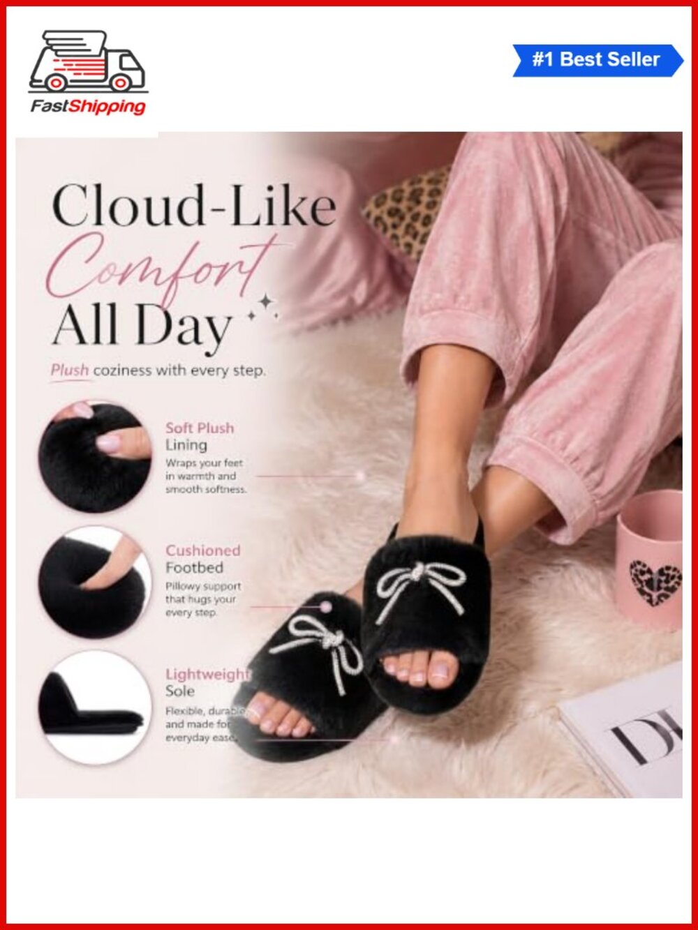 โจ Fuzzy Open Toe House Slippers with Rhinestone Bow - Picture 5 of 6
